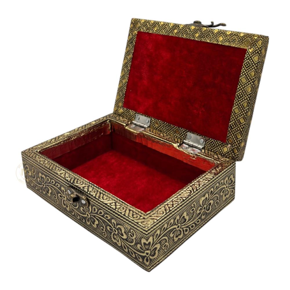 Premium Brass Finish Laxmi Ganesh Ji Design Meenkari Wooden Jewellery and Pooja Box for Gifting
