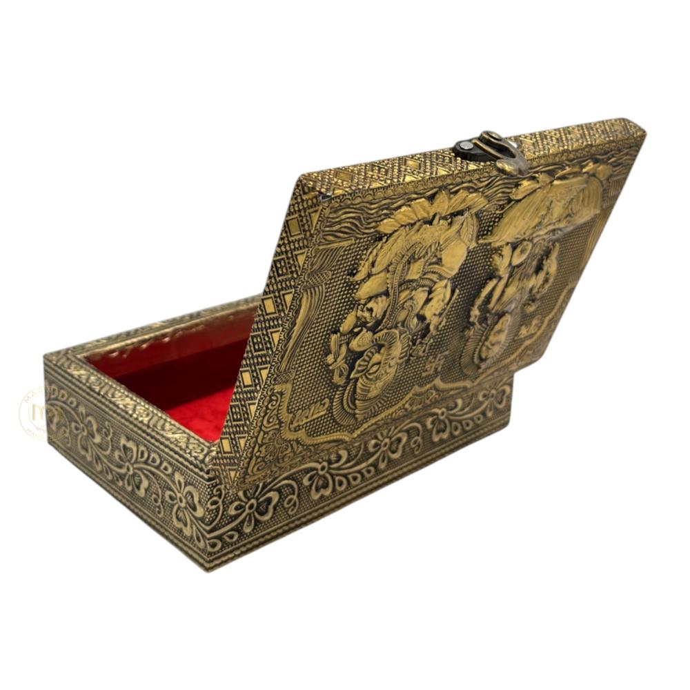 Premium Brass Finish Laxmi Ganesh Ji Design Meenkari Wooden Jewellery and Pooja Box for Gifting