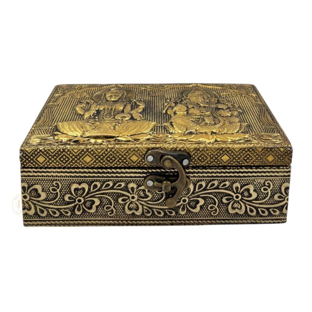 Premium Brass Finish Laxmi Ganesh Ji Design Meenkari Wooden Jewellery and Pooja Box for Gifting