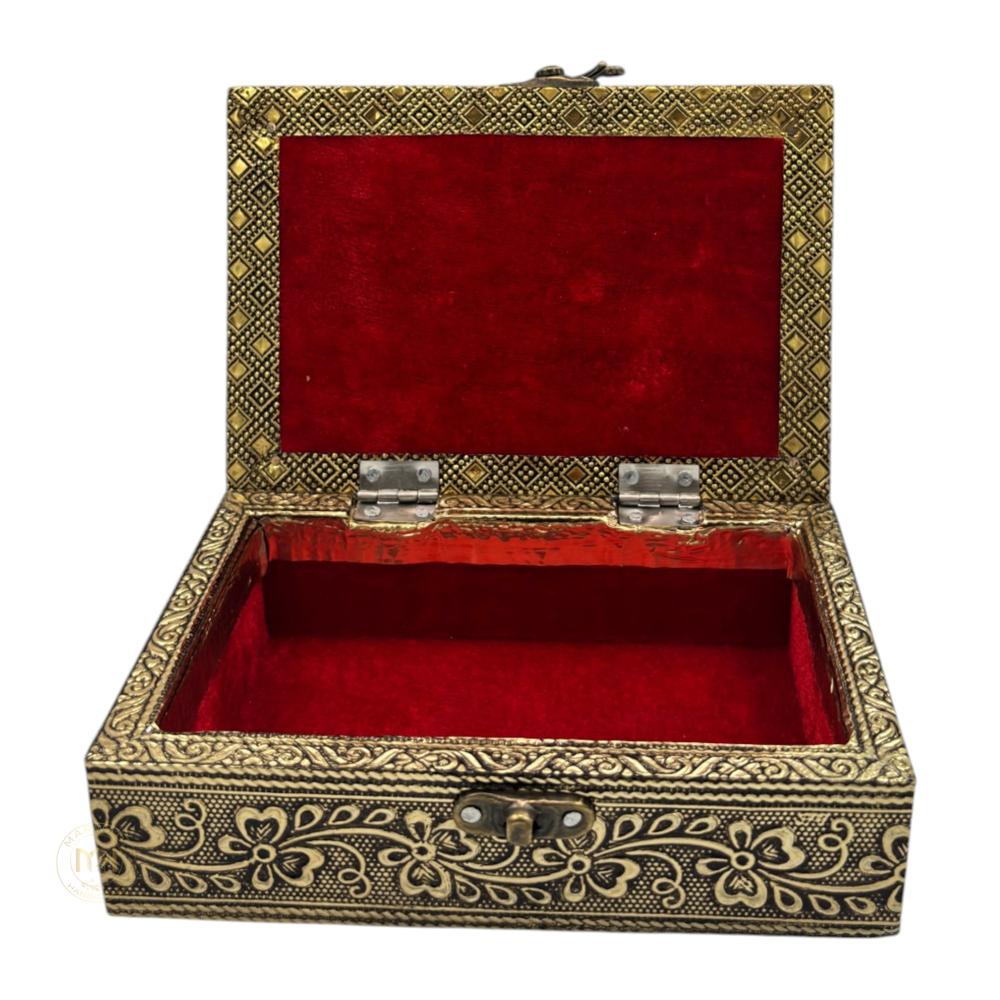 Premium Brass Finish Laxmi Ganesh Ji Design Meenkari Wooden Jewellery and Pooja Box for Gifting