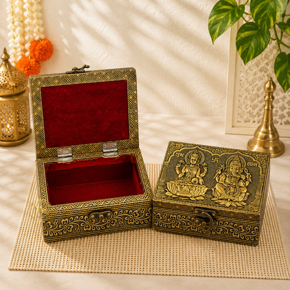 Premium Brass Finish Laxmi Ganesh Ji Design Meenkari Wooden Jewellery and Pooja Box for Gifting