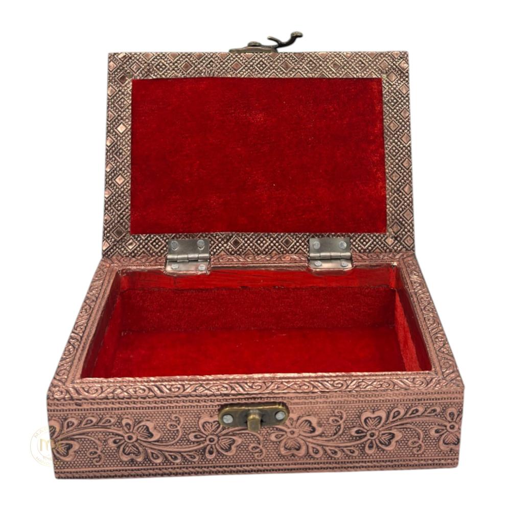 Premium Copper Finish Laxmi Ganesh Ji Design Meenkari Wooden Jewellery and Pooja Box for Gifting
