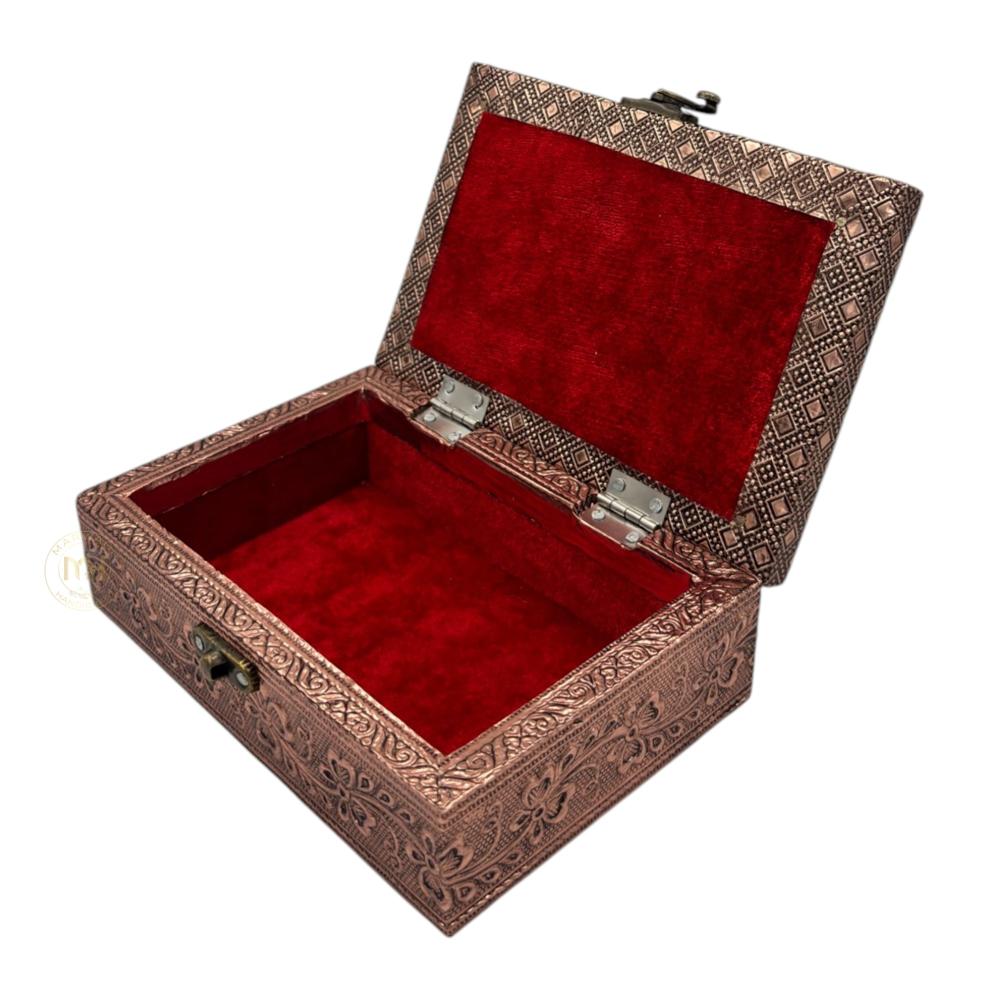 Premium Copper Finish Laxmi Ganesh Ji Design Meenkari Wooden Jewellery and Pooja Box for Gifting