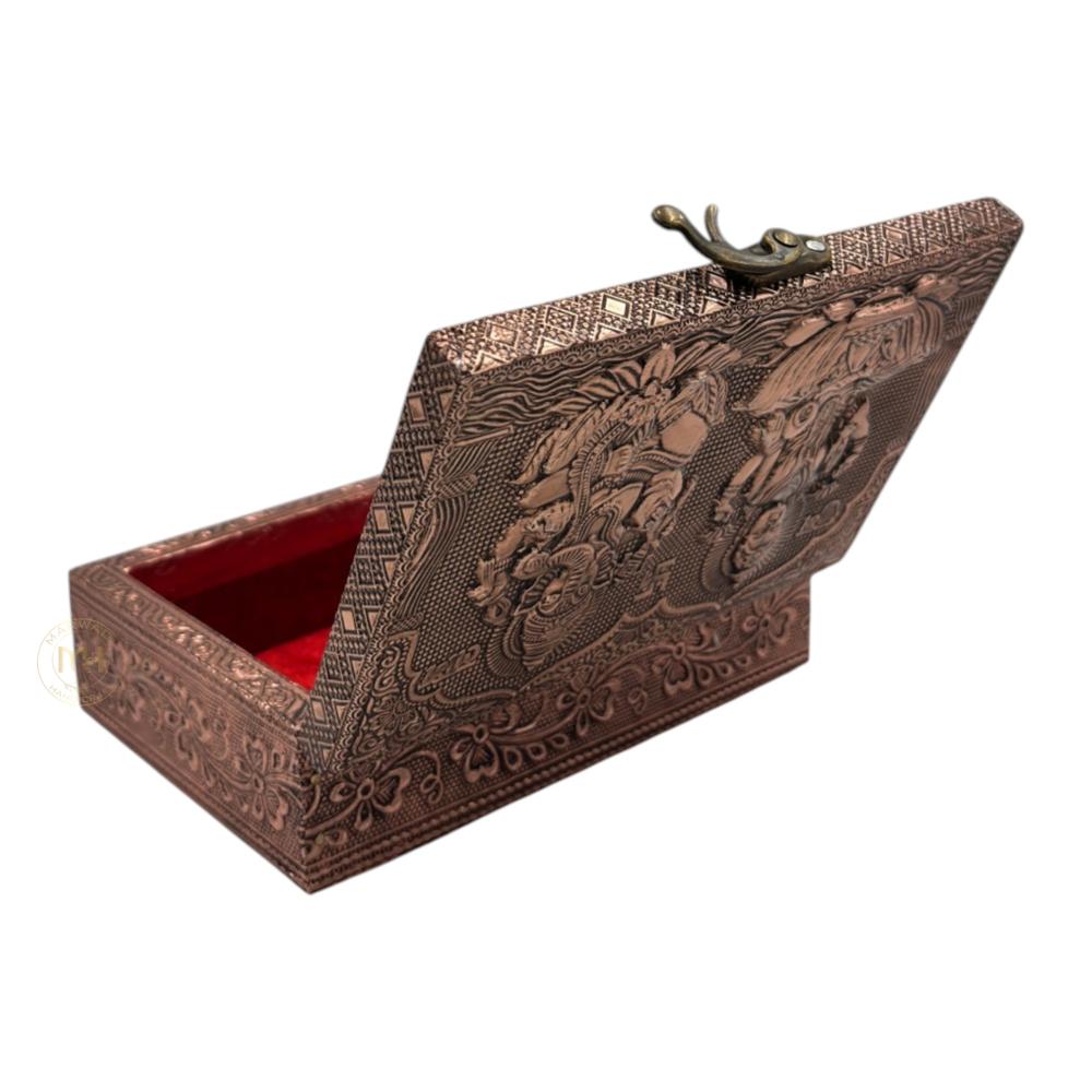 Premium Copper Finish Laxmi Ganesh Ji Design Meenkari Wooden Jewellery and Pooja Box for Gifting