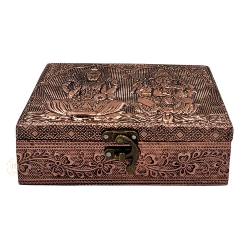 Premium Copper Finish Laxmi Ganesh Ji Design Meenkari Wooden Jewellery and Pooja Box for Gifting