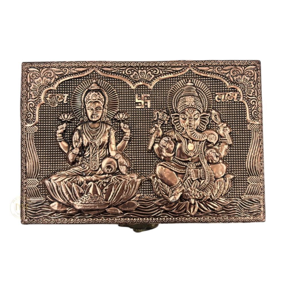 Premium Copper Finish Laxmi Ganesh Ji Design Meenkari Wooden Jewellery and Pooja Box for Gifting