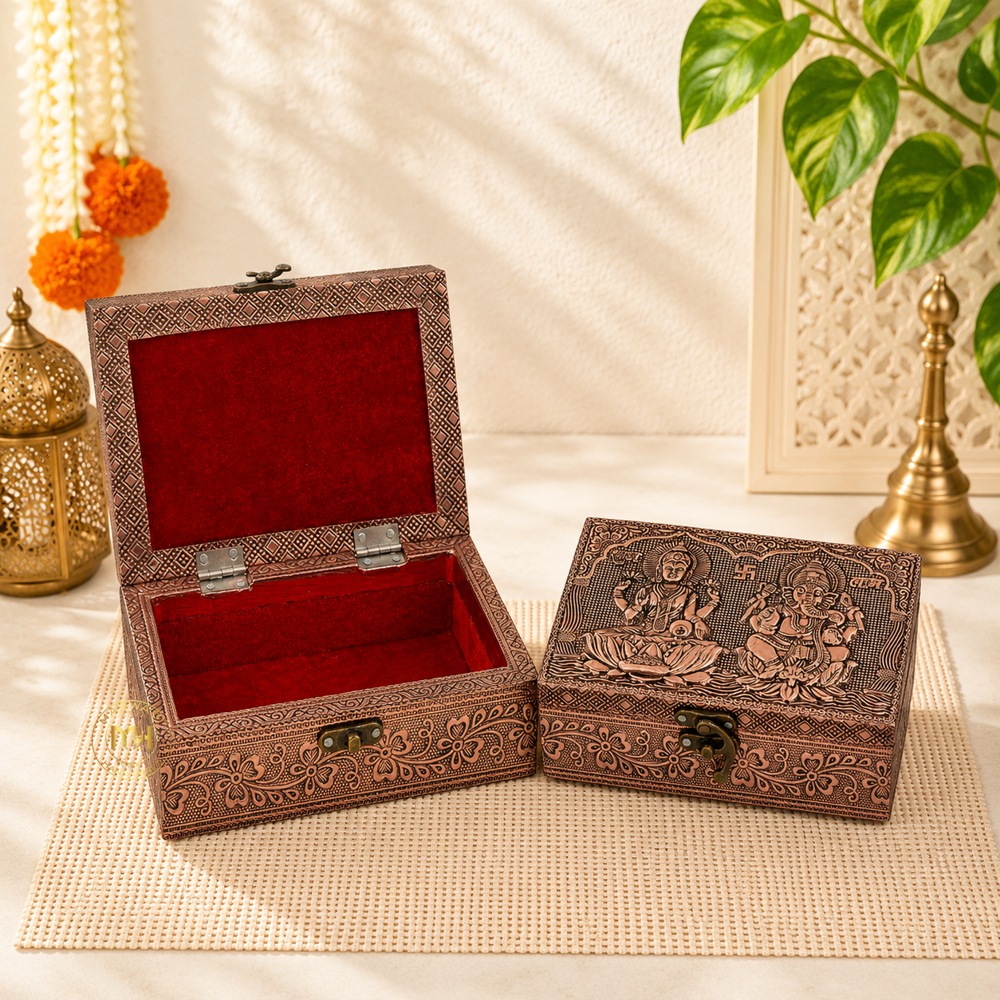 Premium Copper Finish Laxmi Ganesh Ji Design Meenkari Wooden Jewellery and Pooja Box for Gifting
