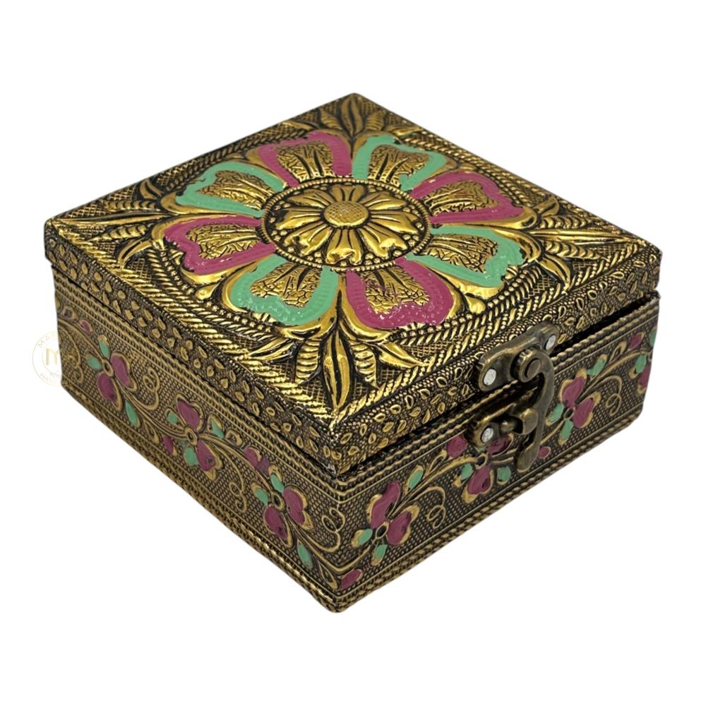 Premium Brass Finish Flower Design Meenkari Wooden Jewellery and Pooja Box for Gifting