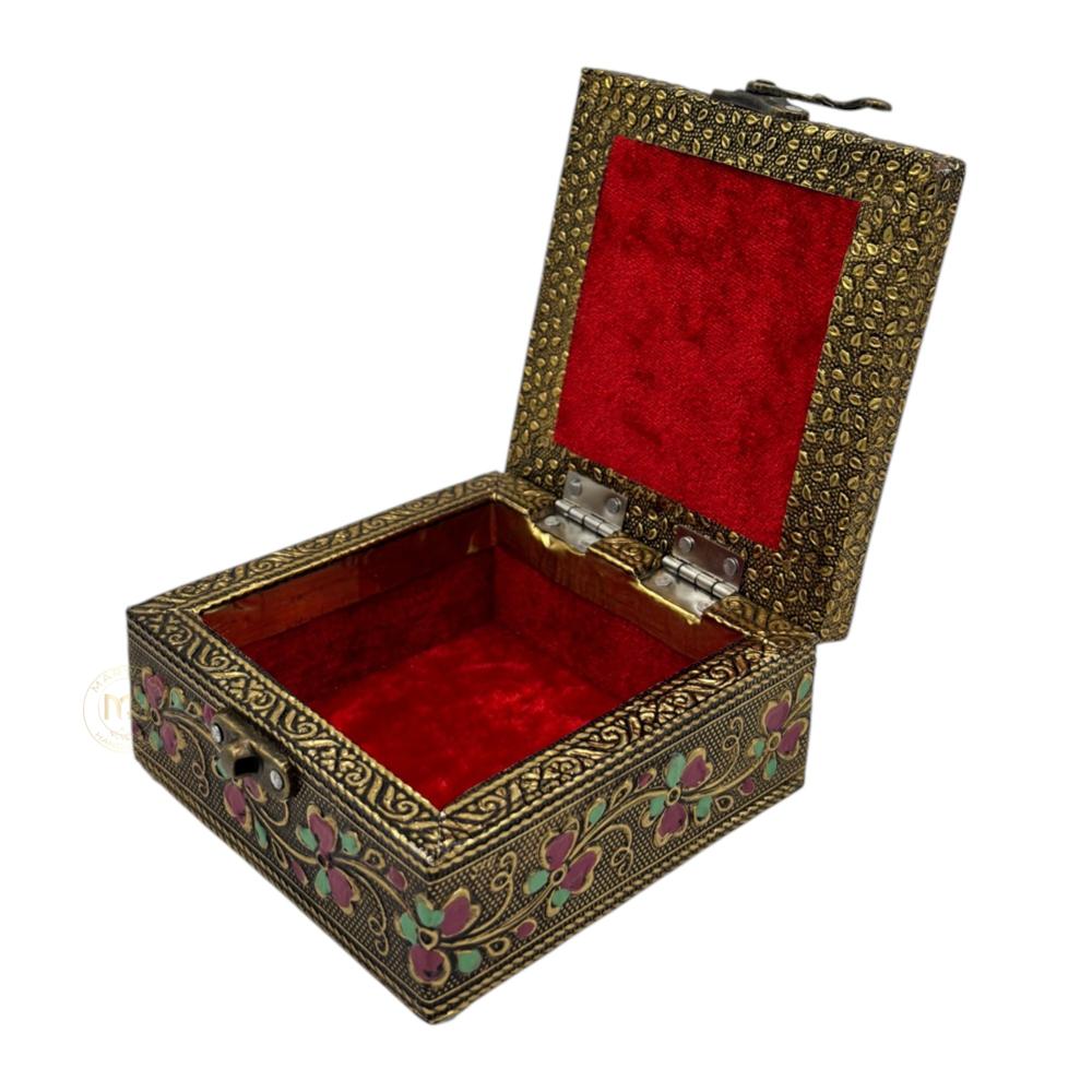 Premium Brass Finish Flower Design Meenkari Wooden Jewellery and Pooja Box for Gifting