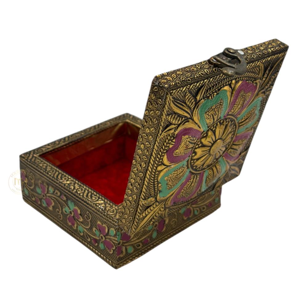 Premium Brass Finish Flower Design Meenkari Wooden Jewellery and Pooja Box for Gifting