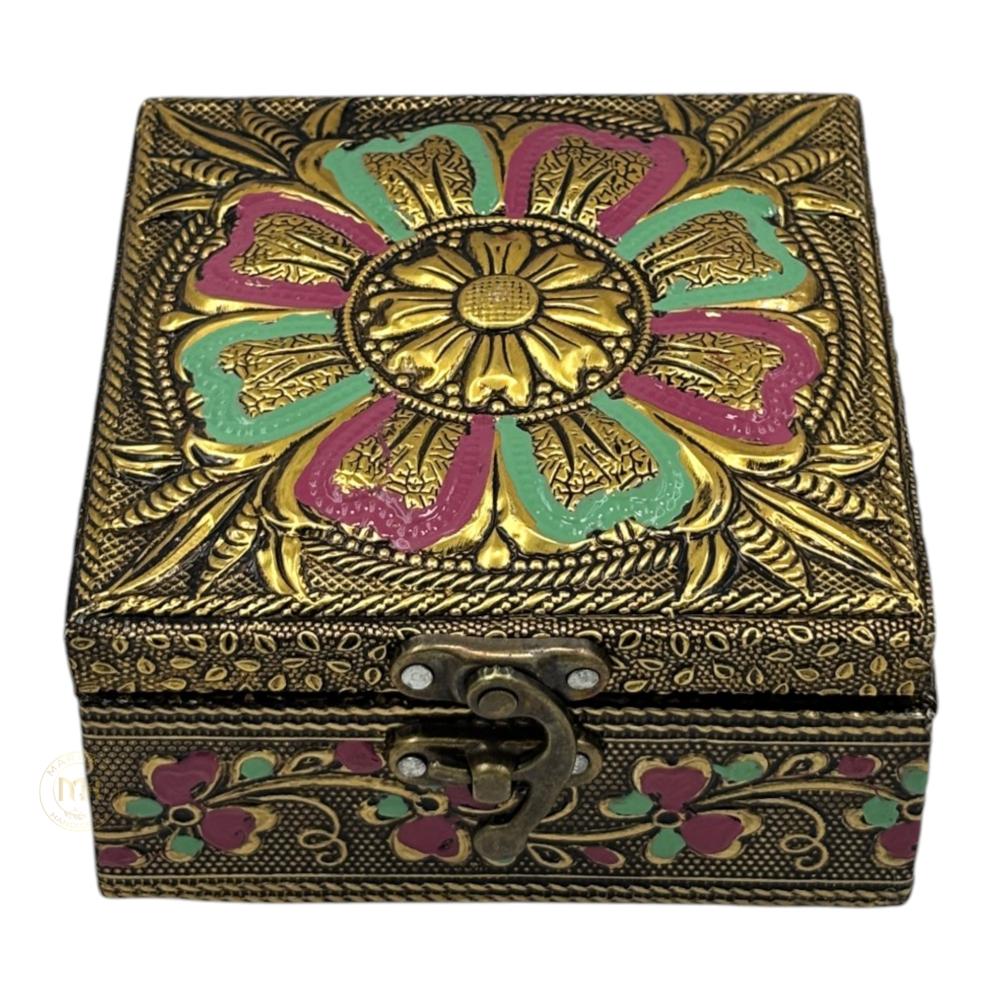 Premium Brass Finish Flower Design Meenkari Wooden Jewellery and Pooja Box for Gifting