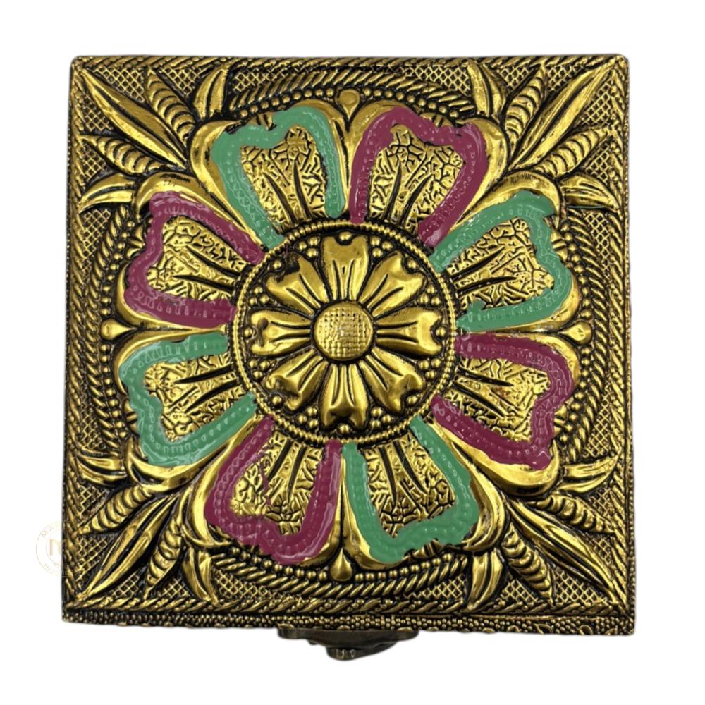 Premium Brass Finish Flower Design Meenkari Wooden Jewellery and Pooja Box for Gifting