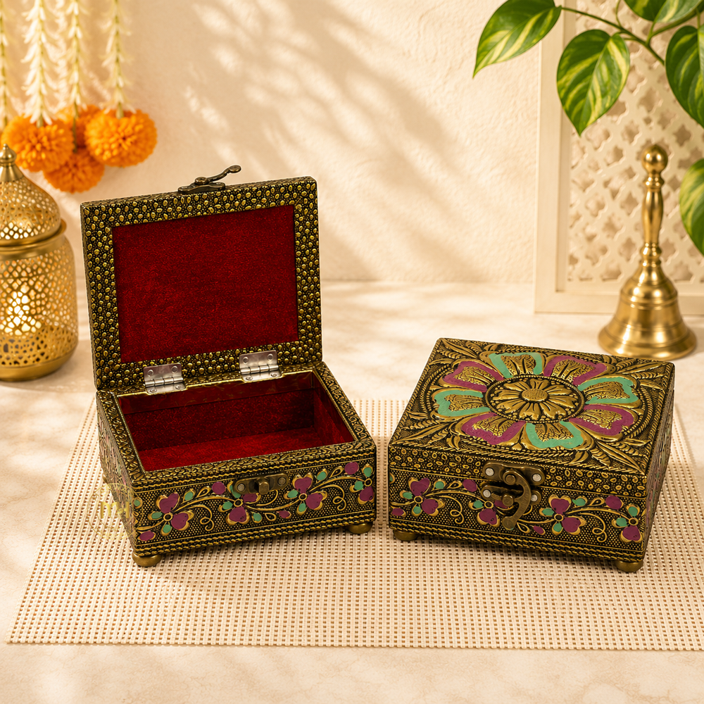 Premium Brass Finish Flower Design Meenkari Wooden Jewellery and Pooja Box for Gifting