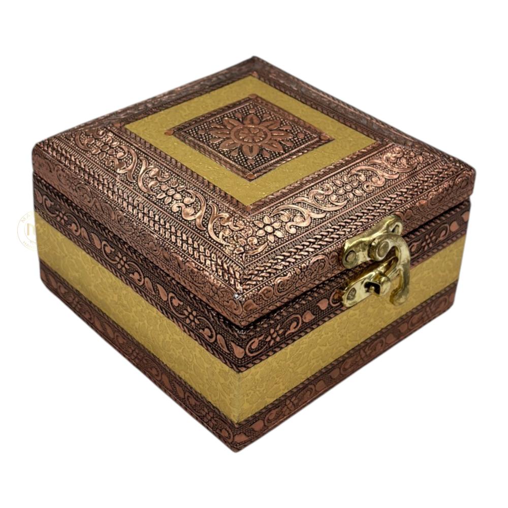 Premium Brass Finish Meenkari Wooden Jewellery and Pooja Box for Gifting