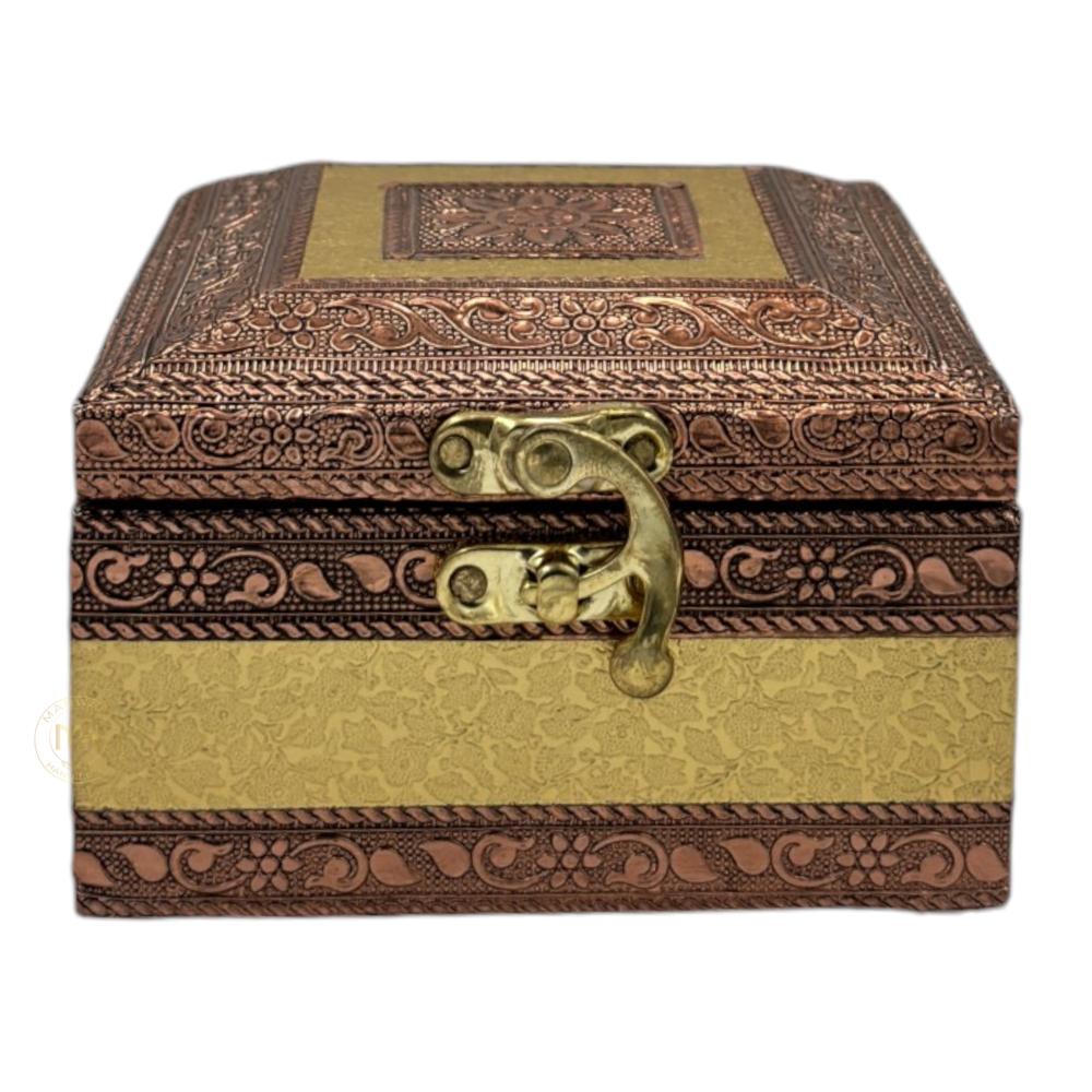 Premium Brass Finish Meenkari Wooden Jewellery and Pooja Box for Gifting