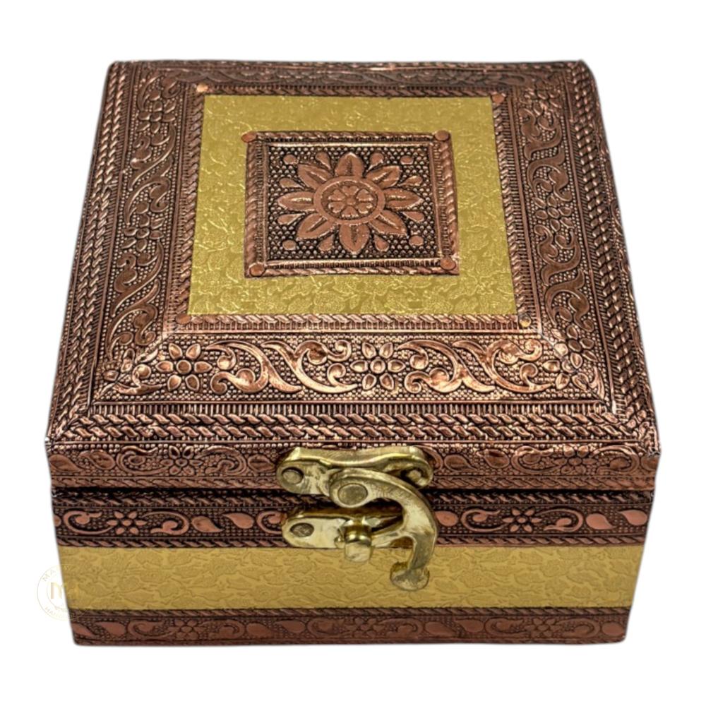 Premium Brass Finish Meenkari Wooden Jewellery and Pooja Box for Gifting