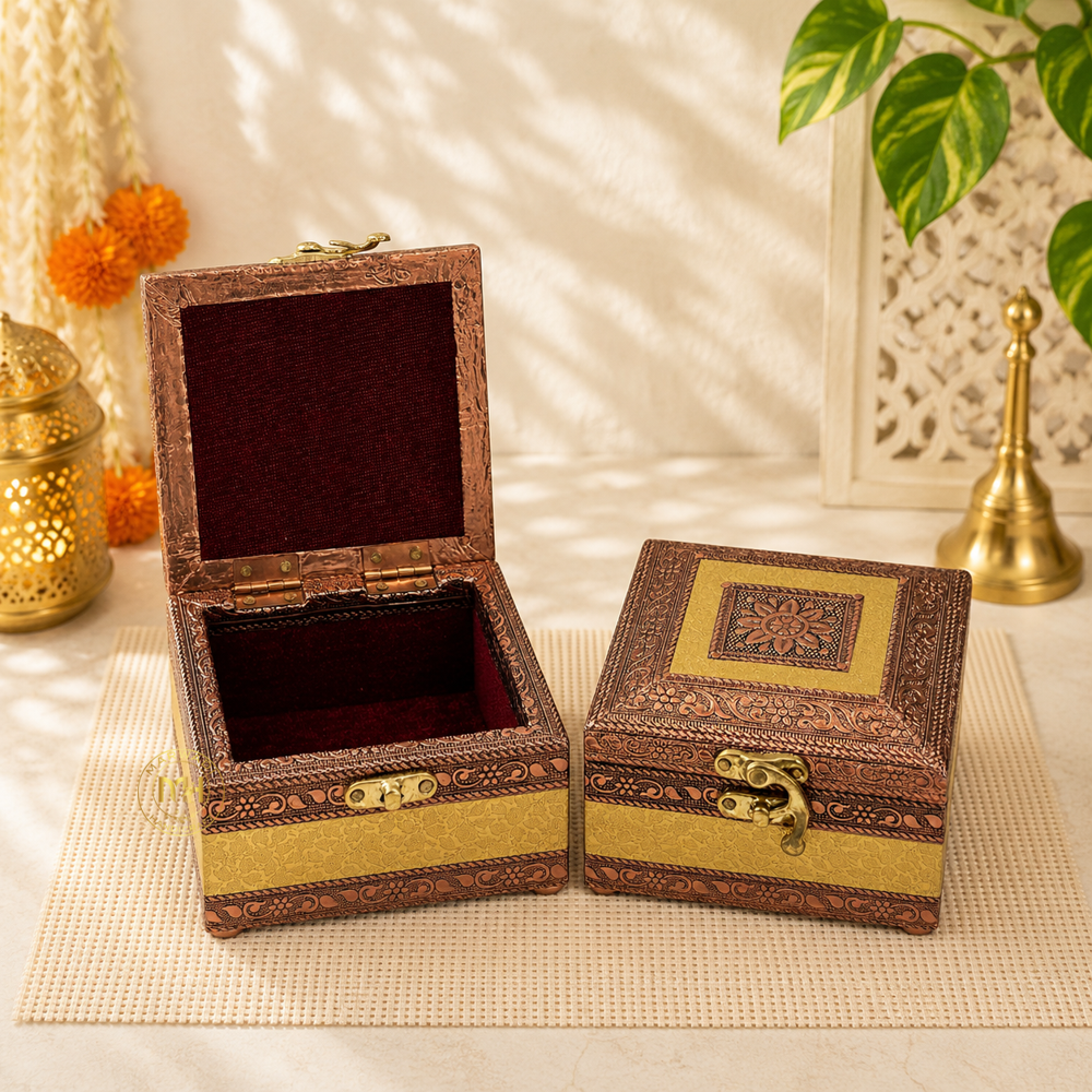 Premium Brass Finish Meenkari Wooden Jewellery and Pooja Box for Gifting