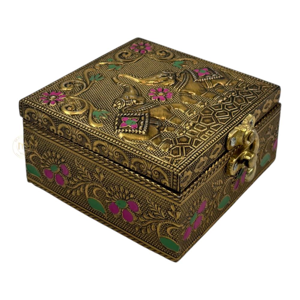 Premium Brass Finish Elephant Design Meenkari Wooden Jewellery and Pooja Box for Gifting