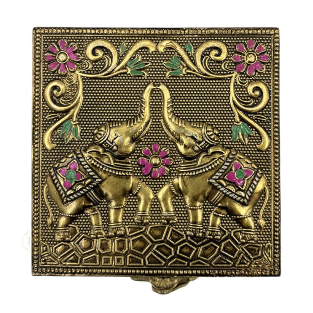 Premium Brass Finish Elephant Design Meenkari Wooden Jewellery and Pooja Box for Gifting