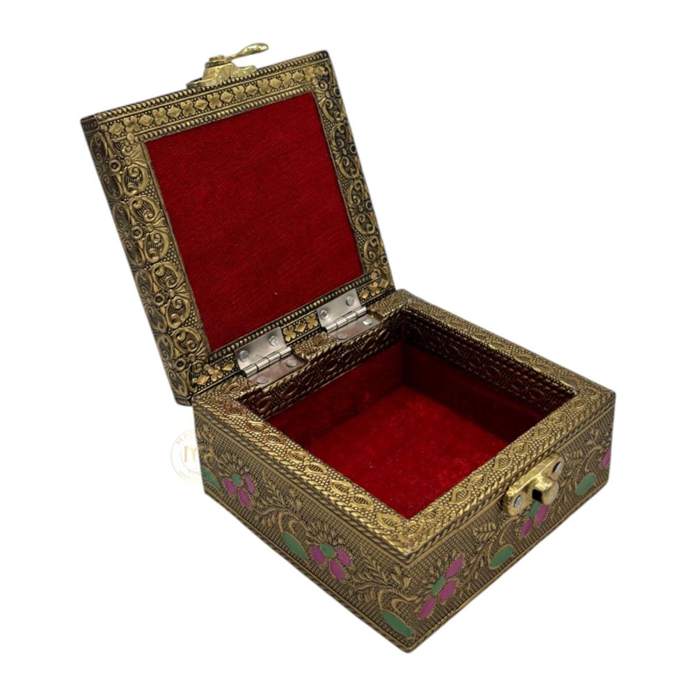Premium Brass Finish Elephant Design Meenkari Wooden Jewellery and Pooja Box for Gifting