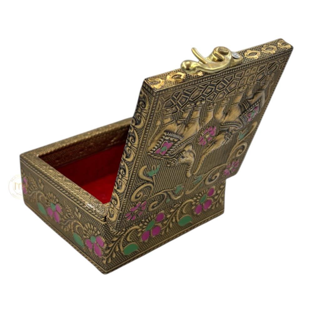 Premium Brass Finish Elephant Design Meenkari Wooden Jewellery and Pooja Box for Gifting