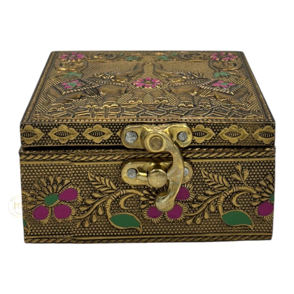 Premium Brass Finish Elephant Design Meenkari Wooden Jewellery and Pooja Box for Gifting