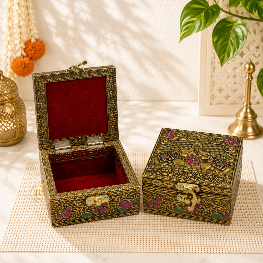 Premium Brass Finish Elephant Design Meenkari Wooden Jewellery and Pooja Box for Gifting
