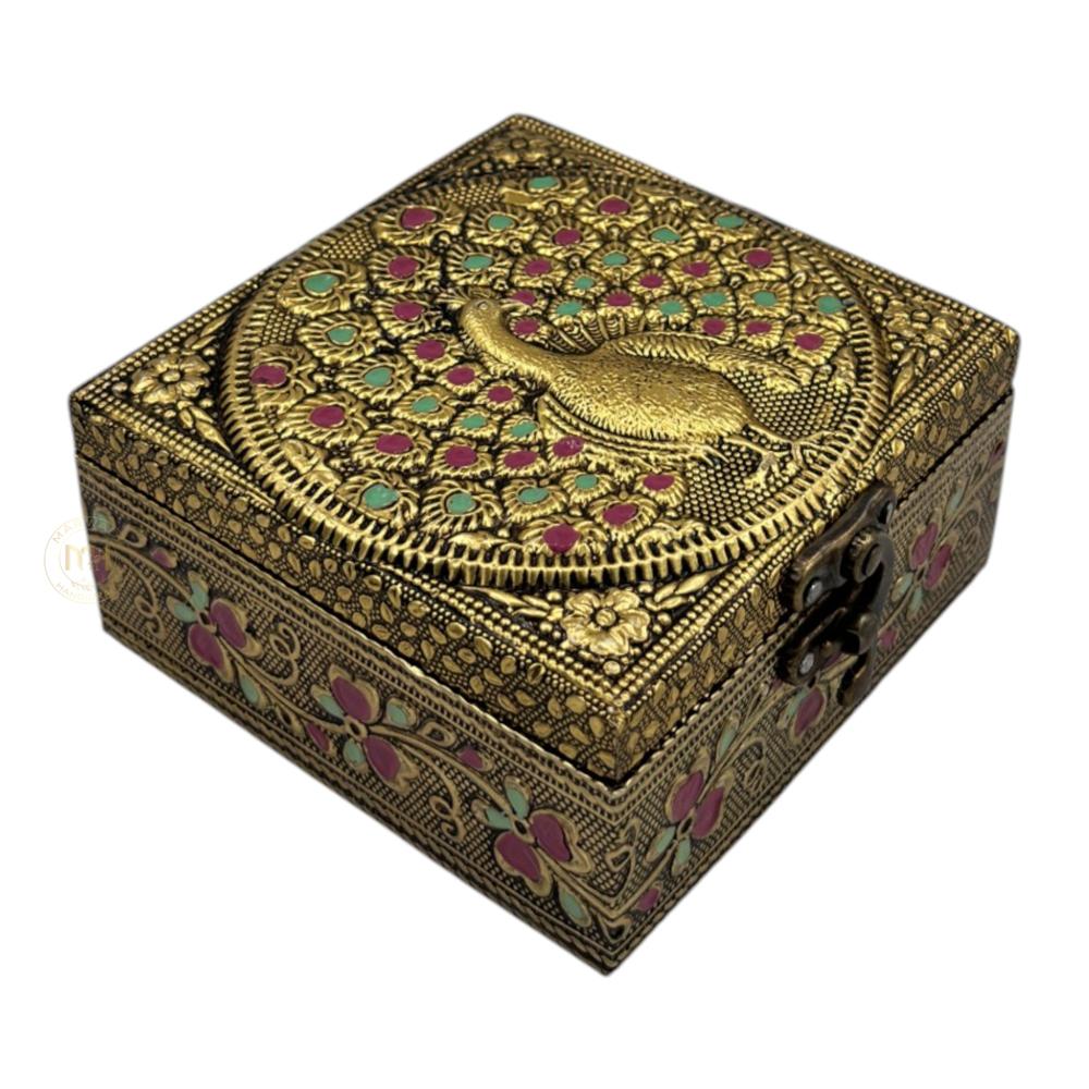 Premium Brass Finish peacock Design Meenkari Wooden Jewellery and Pooja Box for Gifting