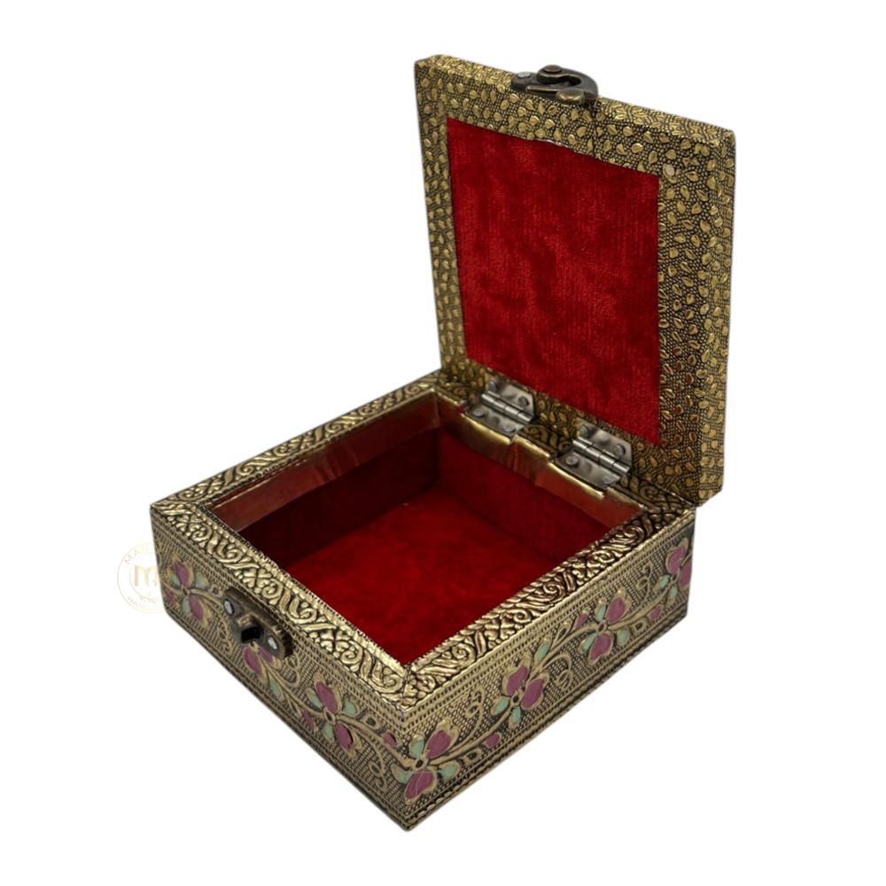 Premium Brass Finish peacock Design Meenkari Wooden Jewellery and Pooja Box for Gifting