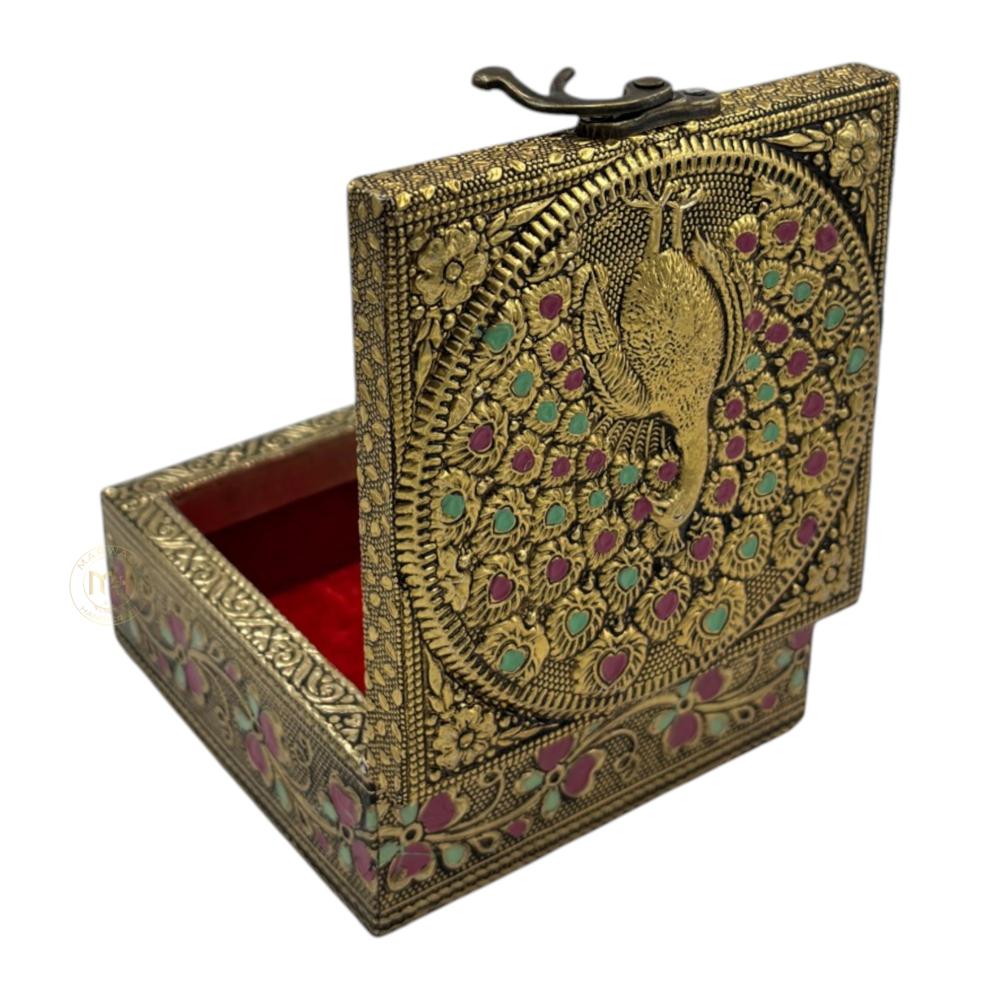 Premium Brass Finish peacock Design Meenkari Wooden Jewellery and Pooja Box for Gifting