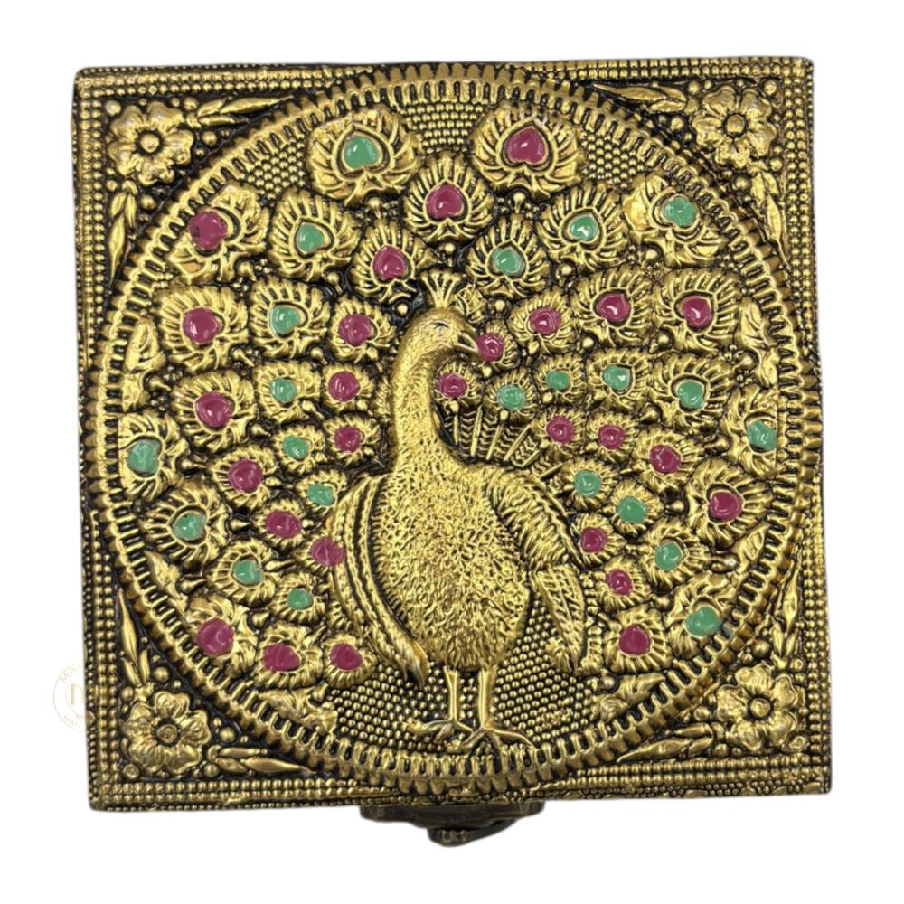 Premium Brass Finish peacock Design Meenkari Wooden Jewellery and Pooja Box for Gifting