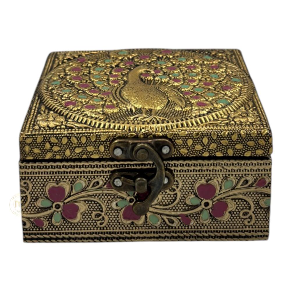 Premium Brass Finish peacock Design Meenkari Wooden Jewellery and Pooja Box for Gifting