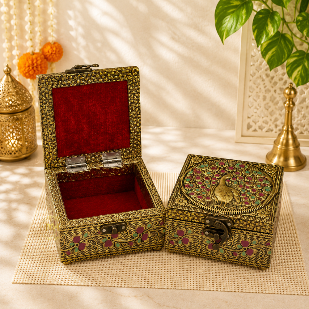 Premium Brass Finish peacock Design Meenkari Wooden Jewellery and Pooja Box for Gifting