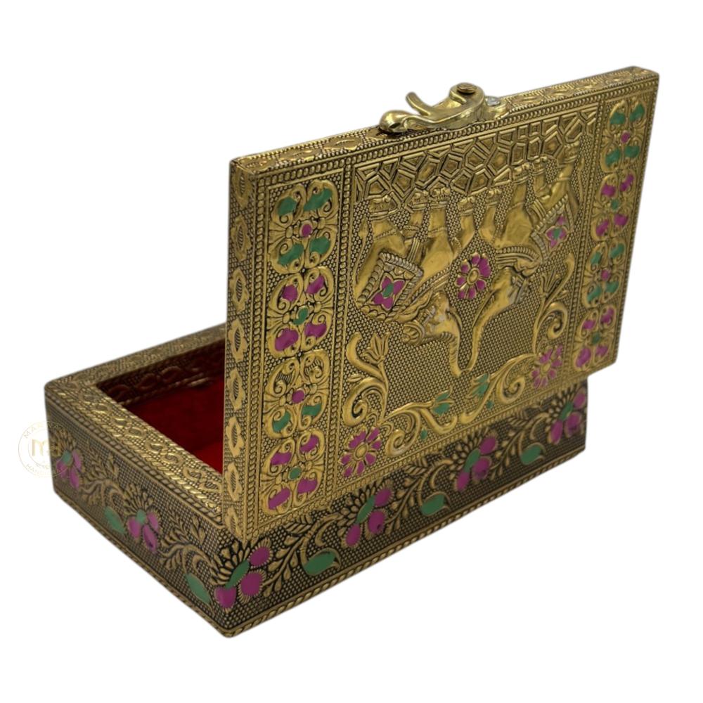 Premium Brass Finish Elephant Design Meenkari Wooden Jewellery and Pooja Box for Gifting