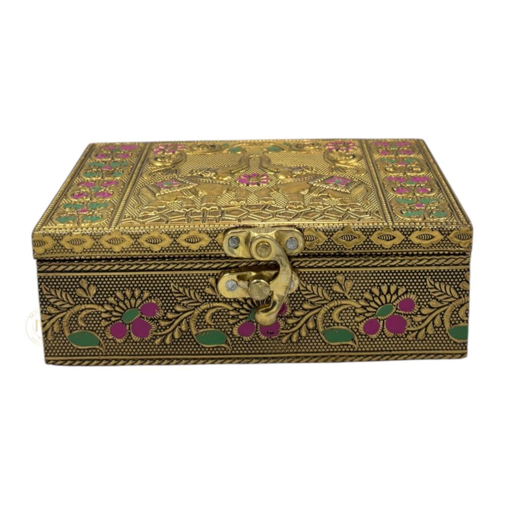 Premium Brass Finish Elephant Design Meenkari Wooden Jewellery and Pooja Box for Gifting