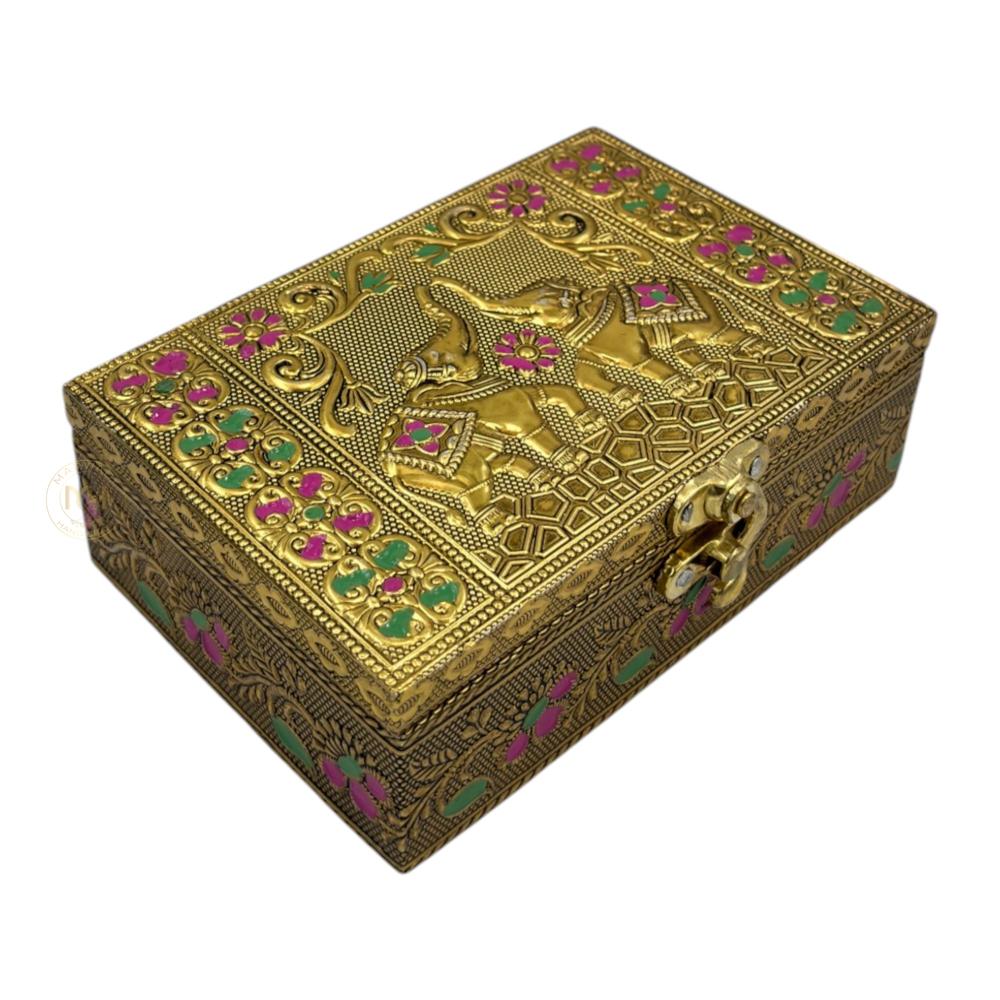 Premium Brass Finish Elephant Design Meenkari Wooden Jewellery and Pooja Box for Gifting