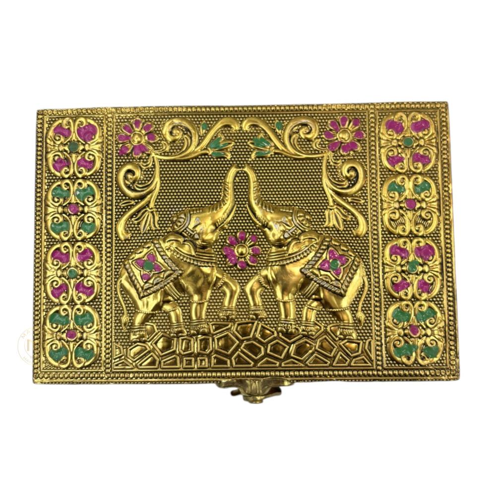 Premium Brass Finish Elephant Design Meenkari Wooden Jewellery and Pooja Box for Gifting
