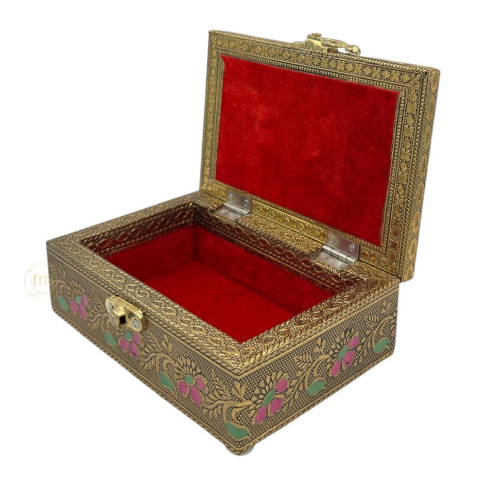 Premium Brass Finish Elephant Design Meenkari Wooden Jewellery and Pooja Box for Gifting