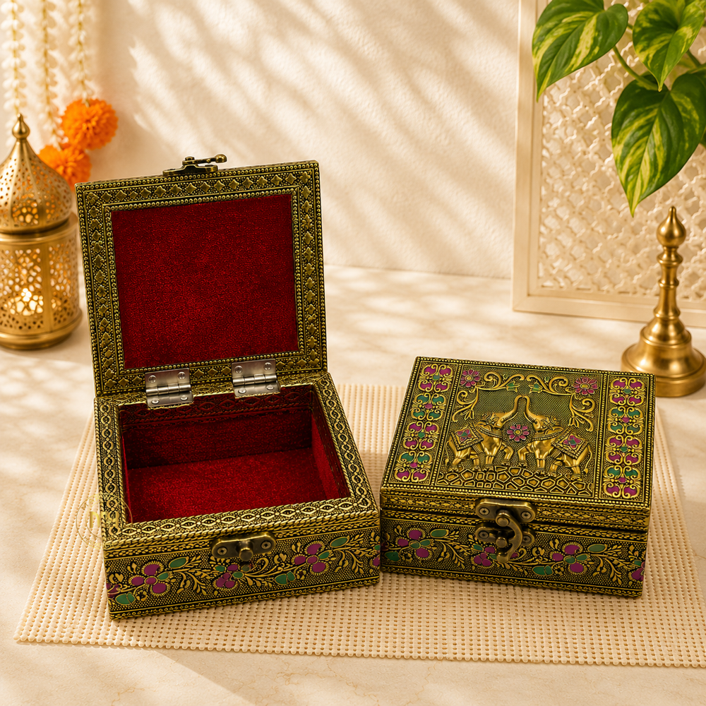 Premium Brass Finish Elephant Design Meenkari Wooden Jewellery and Pooja Box for Gifting