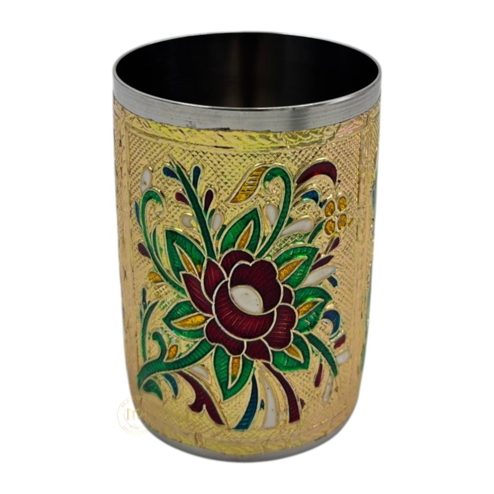 Antique Design Stainless Steel Meenakari Drinking Water Glass for return gift and Decoration