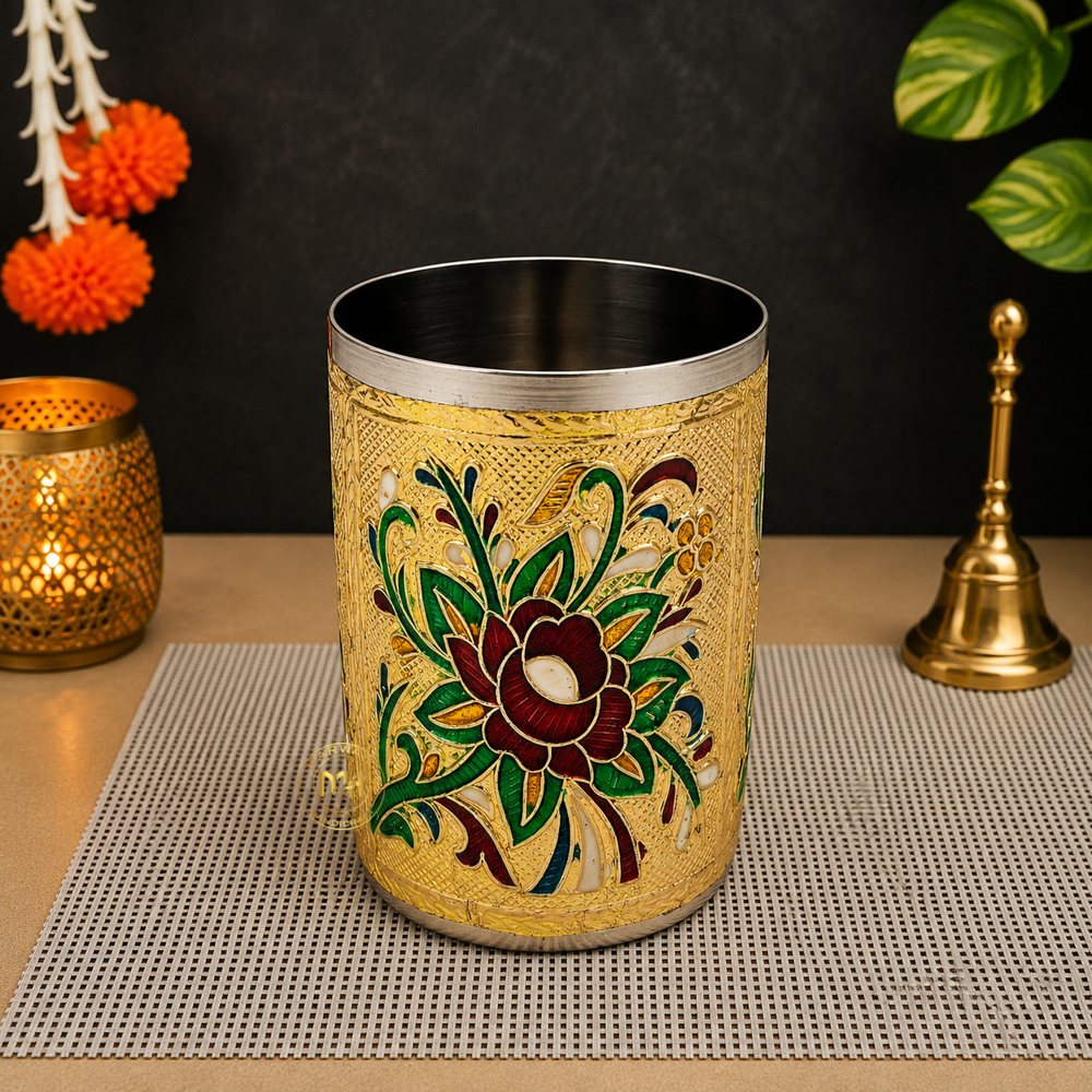 Antique Design Stainless Steel Meenakari Drinking Water Glass for return gift and Decoration