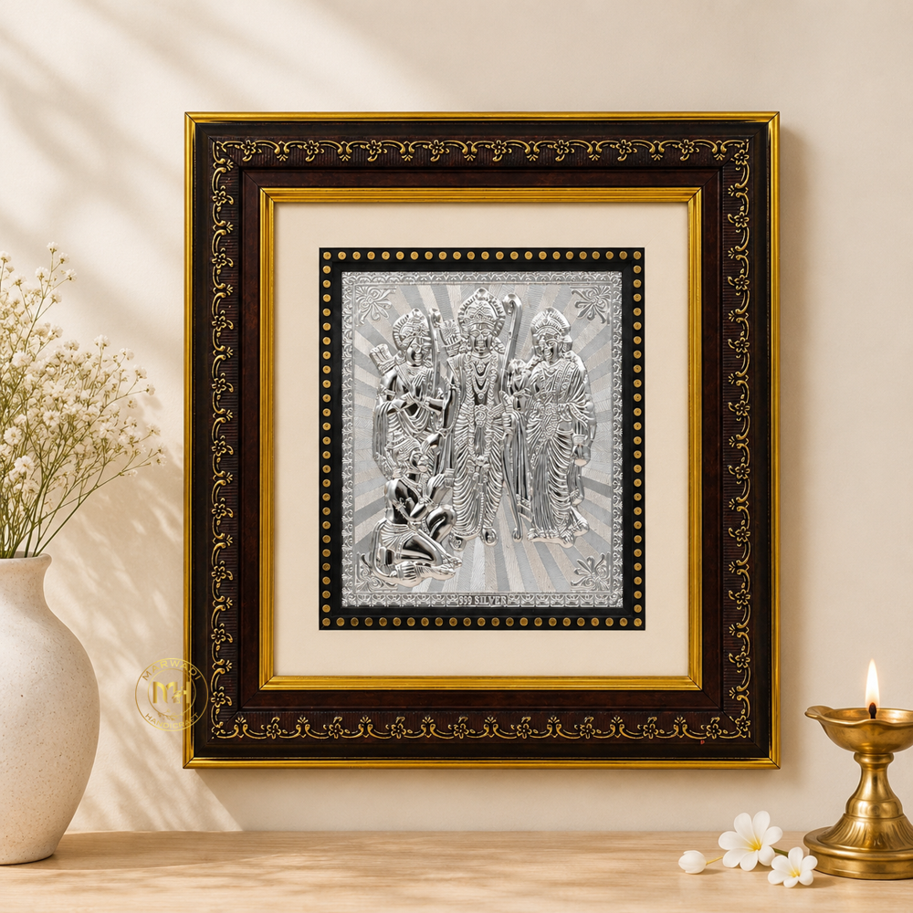 999 Silver Wooden Photo Frame Of God Ram Darbar For Gifting And Decoration