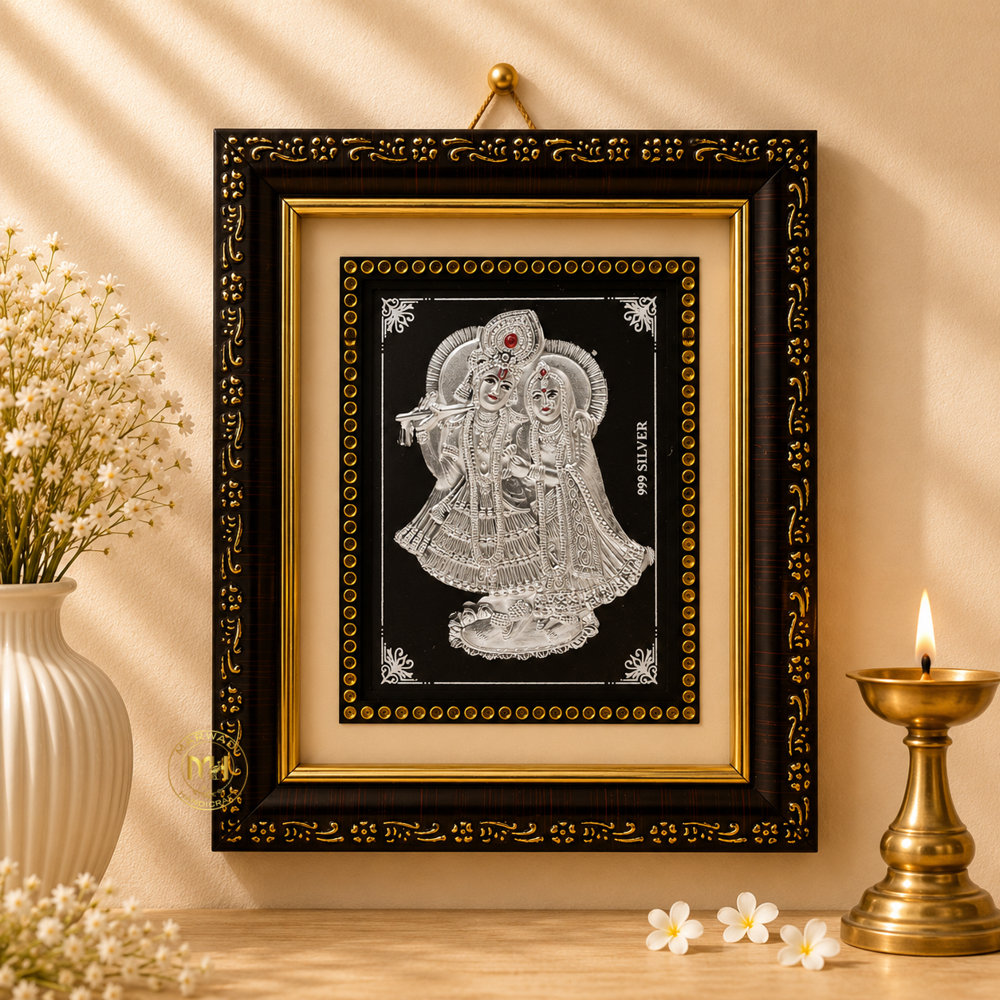 999 Silver Wooden Photo Frame of God Radha Krishna Ji for gifting and decoration