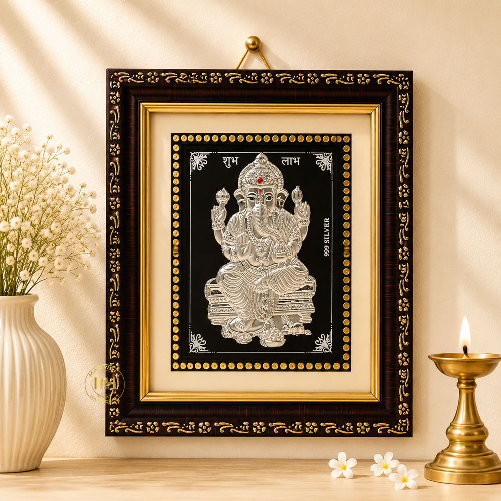 999 Silver Wooden Photo Frame of God Ganesh Ji for gifting and decoration