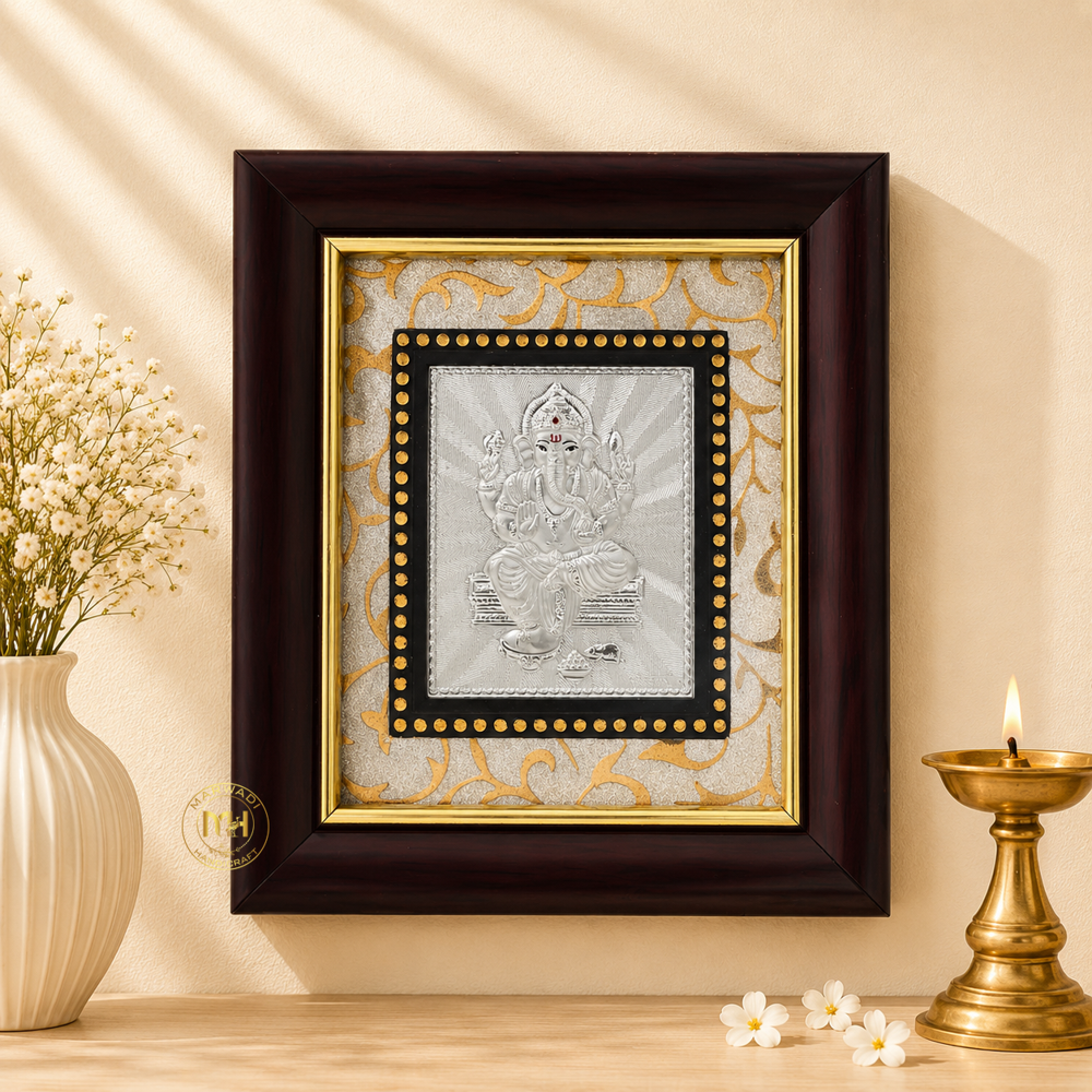 999 Silver Wooden Photo Frame of God Ganesh Ji for gifting and decoration