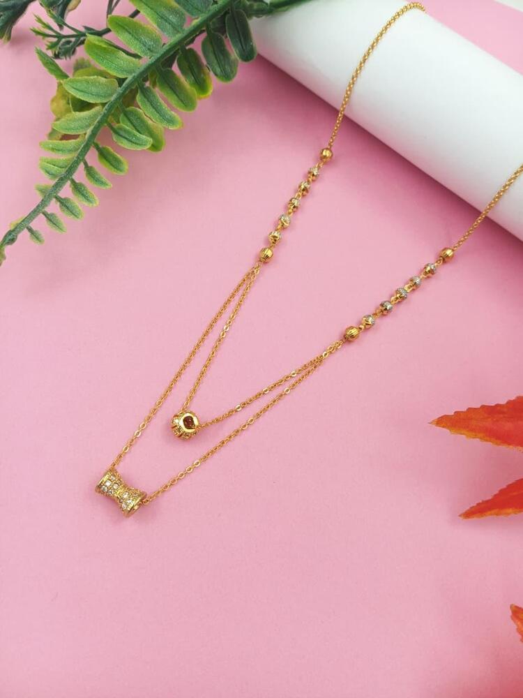 Micro Gold Plated Dokia - Design: Double Layer Chain With Small Beads And Geometric Charm