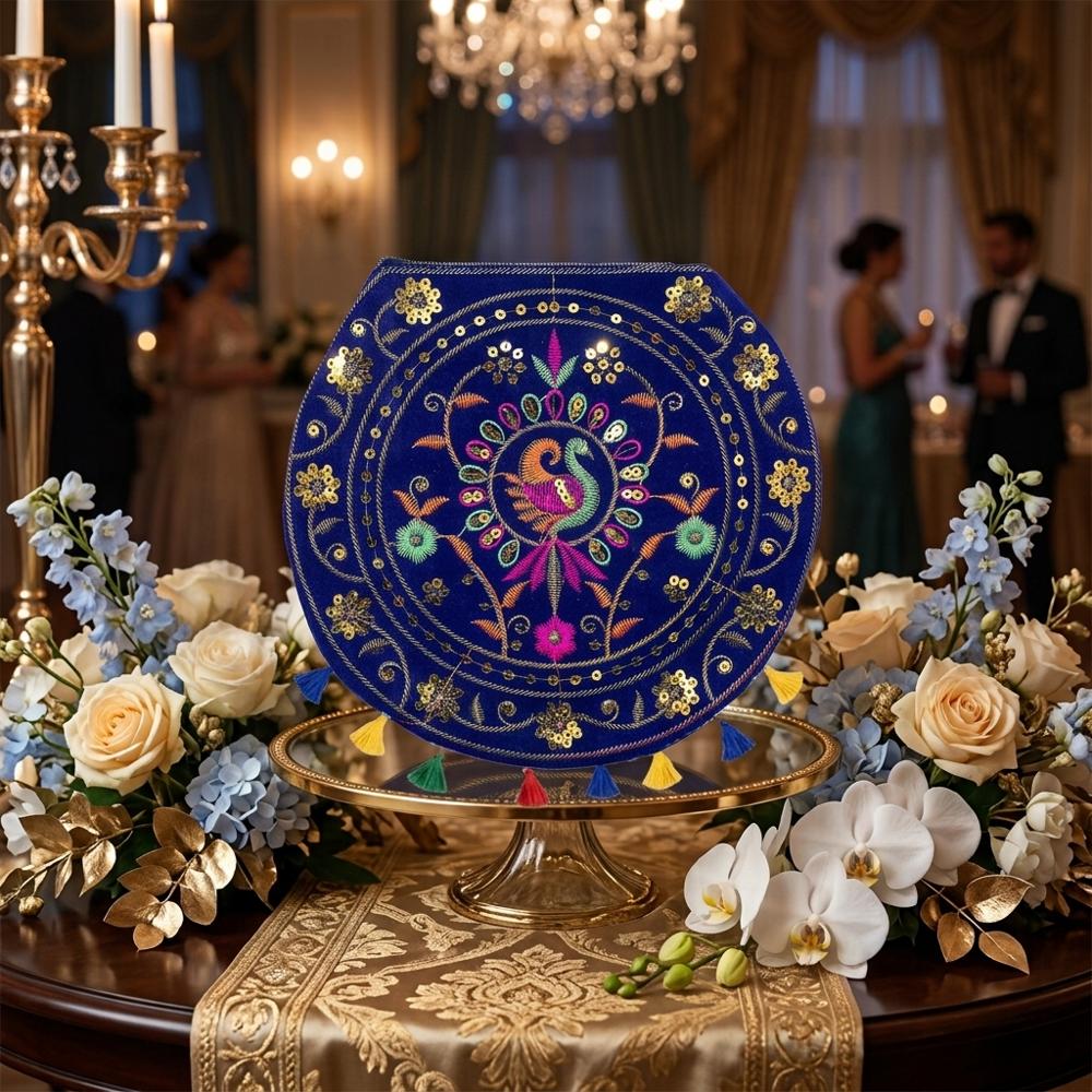 Ethnic Designer Peacock Purse With Beaded Strap - Color: Blue