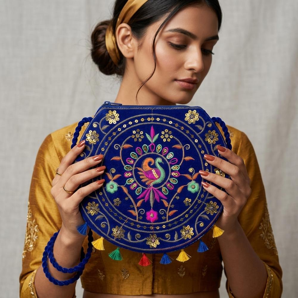 Women Blue Embroidery Shoulder Sling Purse