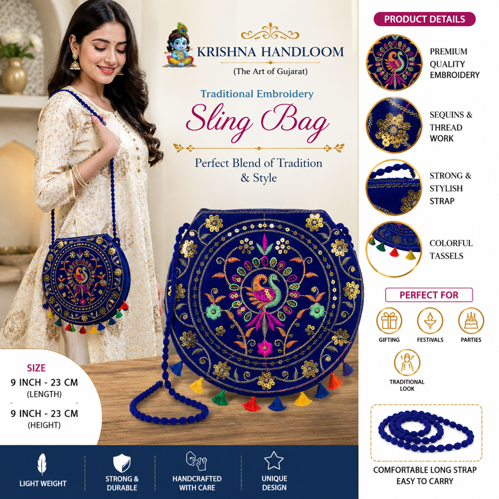 Women Blue Embroidery Shoulder Sling Purse
