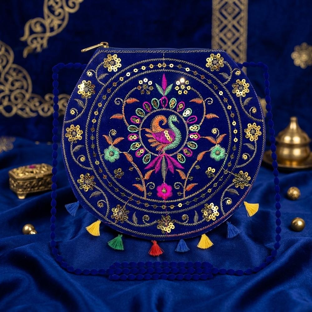 Embroidered Traditional Shoulder Purse For Girls - Color: Blue